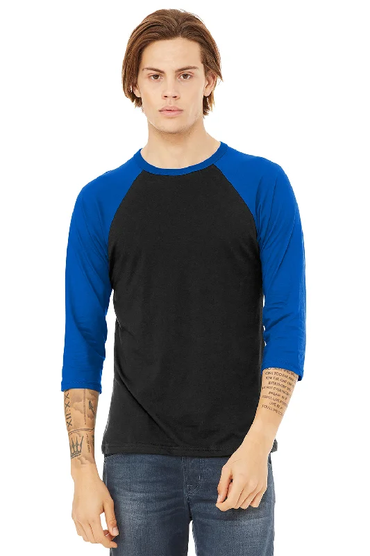 Bella + Canvas Mens 3/4 Sleeve Crewneck T-Shirt - Black/Royal Blue - Closeout