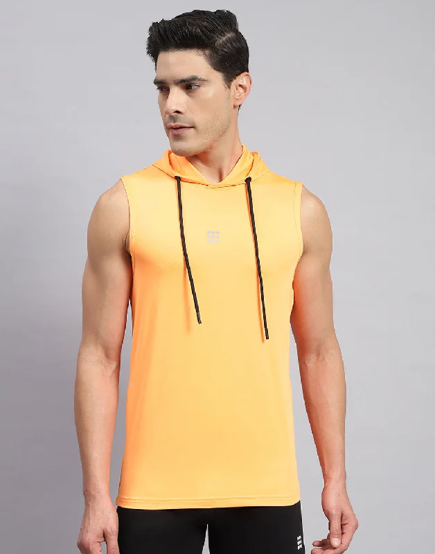 Men Orange Solid Hooded Sleeveless T-Shirt