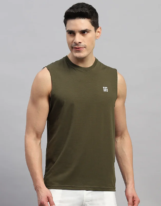 Men Olive Solid Round Neck Sleeveless T-Shirt