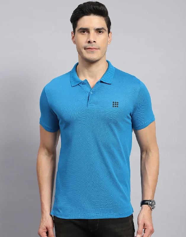 Men Teal Blue Solid Collar Half Sleeve T-Shirt