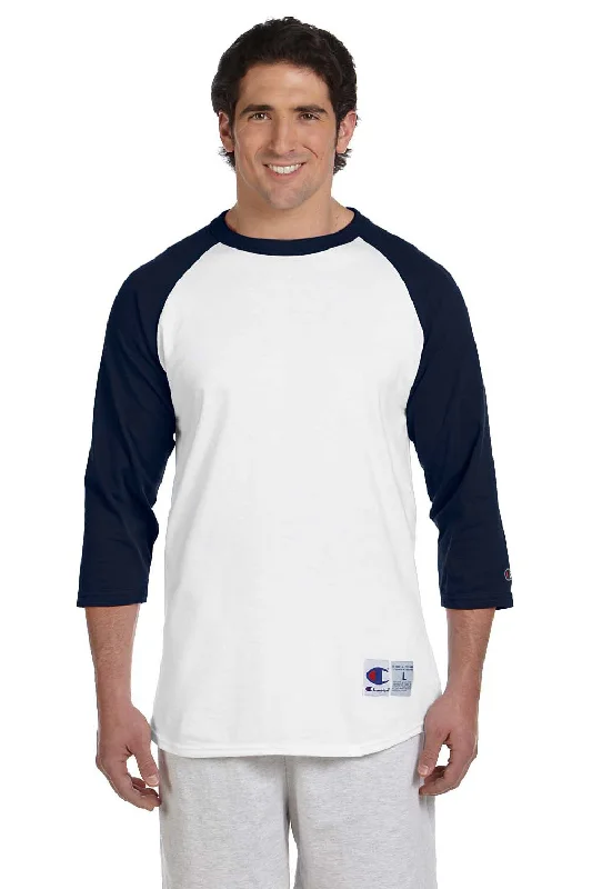 Champion Mens 3/4 Sleeve Crewneck T-Shirt - White/Navy Blue