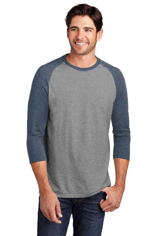 District Mens Perfect Tri 3/4 Sleeve Crewneck T-Shirt - Grey Frost/Navy Blue