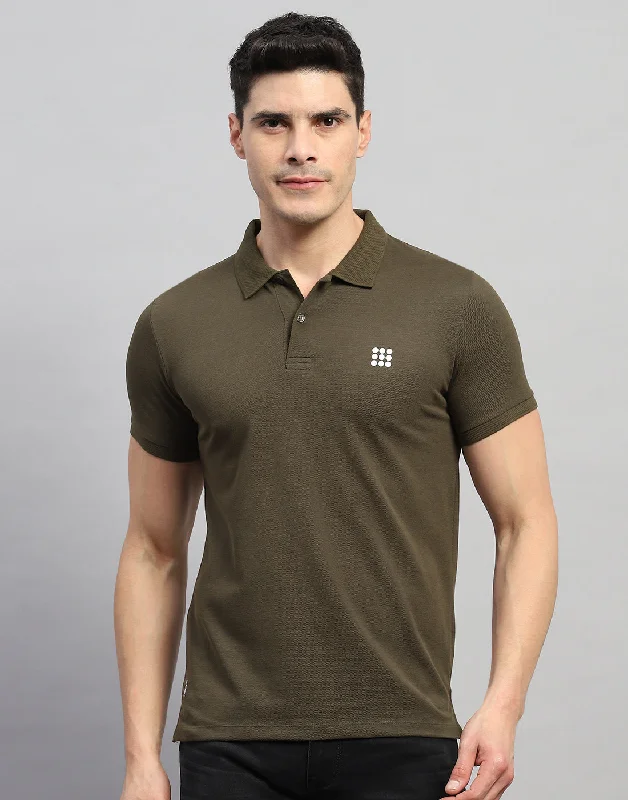 Men Olive Solid Polo Collar Half Sleeve T-Shirt