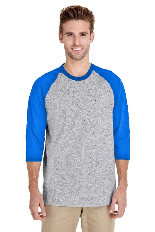 Gildan Mens 3/4 Sleeve Crewneck T-Shirt - Sport Grey/Royal Blue