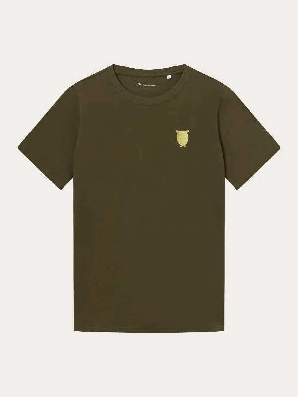 Regular fit owl chest embroidery t-shirt - Dark Olive