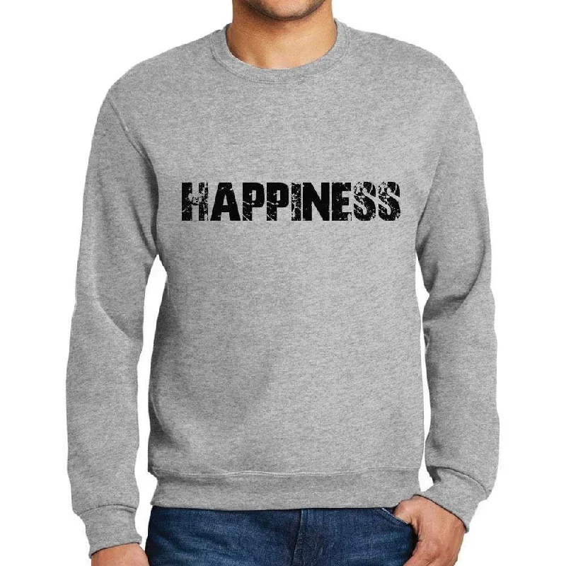 Men's Printed Graphic Sweatshirt Popular Words HAPPINESS Grey Marl