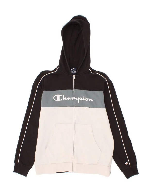 CHAMPION Boys Graphic Zip Hoodie Sweater 15-16 Years 2XL Black Colourblock