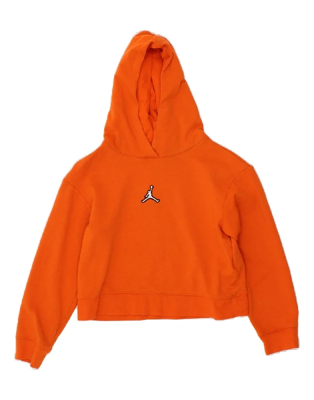 JORDAN Girls Graphic Hoodie Jumper 8-9 Years Small Orange Cotton